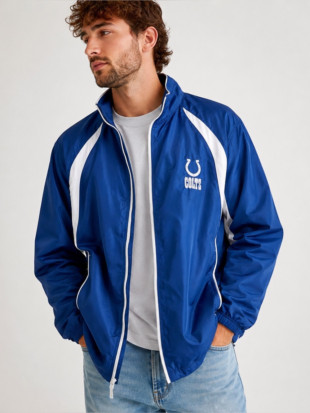 Reebok Indianapolis Colts Mens L NFL Windbreaker Jacket Blue 2011 Football *flaw